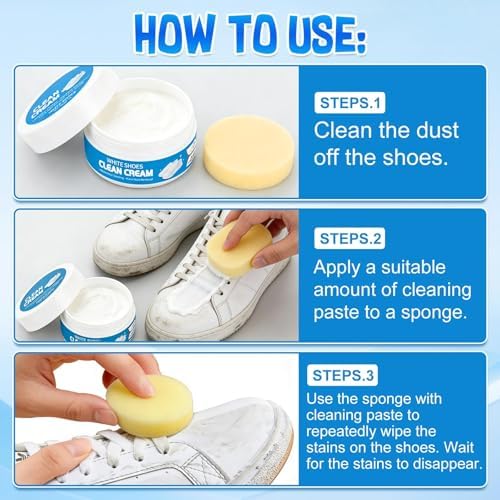 2Pcs White Shoe Cleaner Cream, No-Wash Multipurpose Cleaning Paste with Sponge, Stain Remover for Leather Sneakers Soles