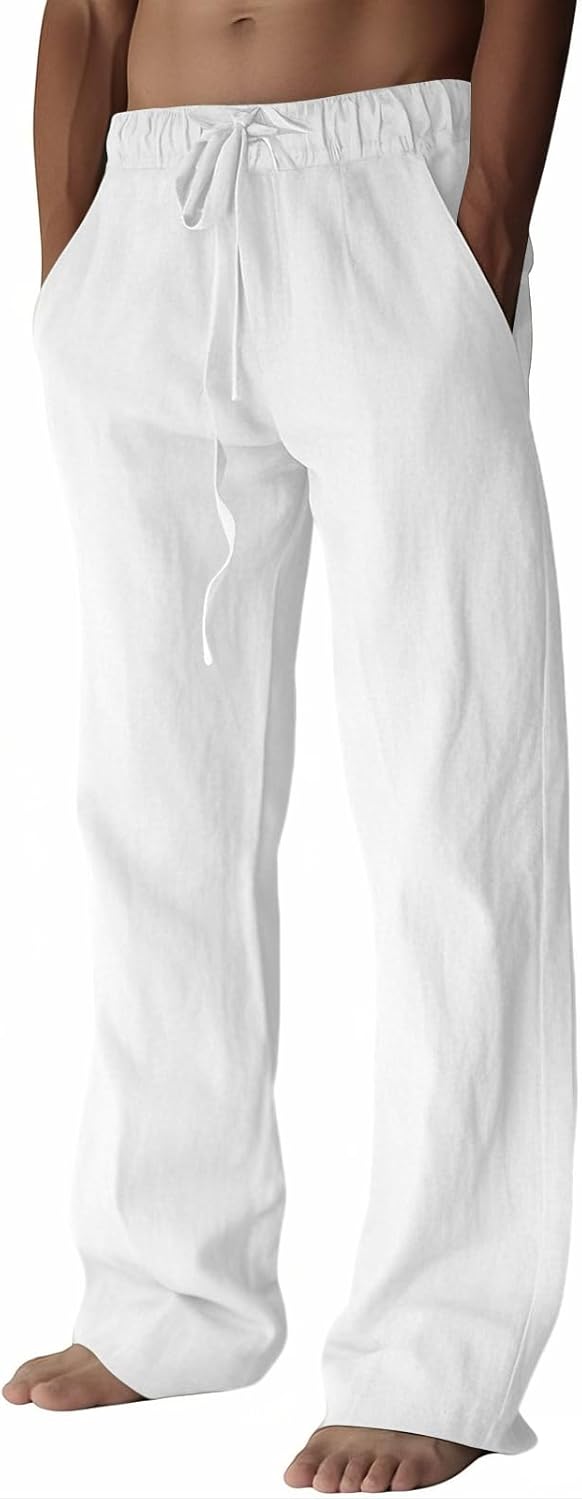 PIDOGYM Mens Cotton Linen Pants, Summer Beach Pants Casual Loose Fit with Elastic Waist Drawstring
