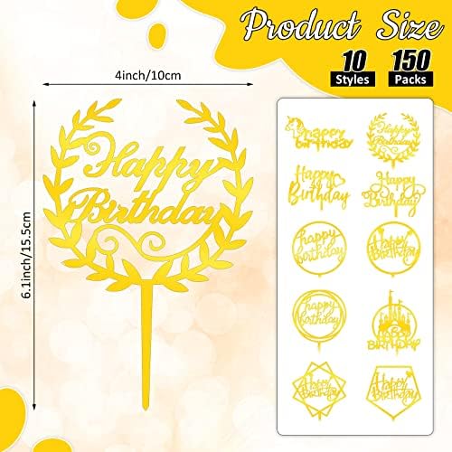 150 Pcs Happy Birthday Cake Toppers Acrylic Cake Topper Glitter Birthday Cake Decorations Double Sided for Adults Various Cake Decoration Party Supplies(Gold,Cute)