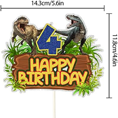 ChienMin Dinosaur Happy 4th Birthday Cake Topper - Dino Jungle Jurassic Party Decor - Multi-layer Combination Dinosaur Park Cake Decor for Kids Boy Birthday - Gold