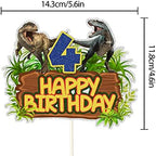 ChienMin Dinosaur Happy 4th Birthday Cake Topper - Dino Jungle Jurassic Party Decor - Multi-layer Combination Dinosaur Park Cake Decor for Kids Boy Birthday - Gold