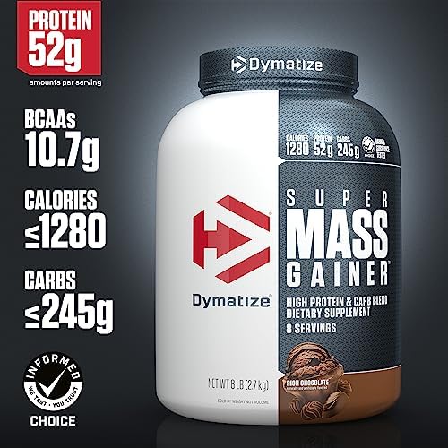 Dymatize Super Mass Gainer Protein Powder, Rich Chocolate, 52g Protein, 1g Creatine, 1280 Calories, 10.7g BCAAs, 245g Carbs, Contains Whey Protein Powder, Isolate, and Casein (8 Servings)
