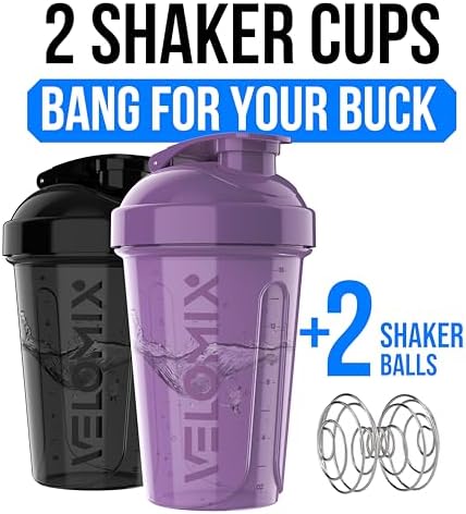 VELOMIX -2 Pack- 20 oz Protein Shaker Bottles for Protein Mixes - 2x Wire Whisk | Leak Proof Shaker Cups for Protein Shakes and Pre Workout | Protein Shaker Bottle Pack (A9) Purple/Black