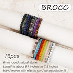 BROCC 16PCS Natural Healing Crystal Bracelets for Women Men,6mm Round Beads Gemstones Stretch Bracelet Jewelry, Healing Crystal Stone Bracelets Gifts Set