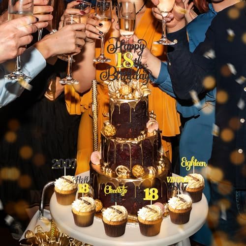 18th Birthday Decorations Cake Cupcake Toppers Set, Black Gold Glitter Happy 18th Birthday Cupcake Cake Topper Birthday Decorations for Him Her Boy Girls (1piece + 24pcs) (18thBirthday)