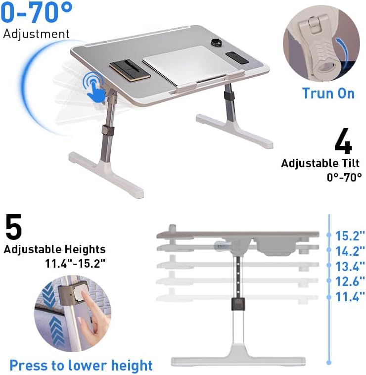 Laptop Desk for Bed Height Adjustable, Lap Bed Table with Cooling Fan/USB/Storage Drawer/Cup Holder/Tablet Stand/Book Shelf, Foldable Breakfast Tray Portable for Reading Writing, Sofa & Floor