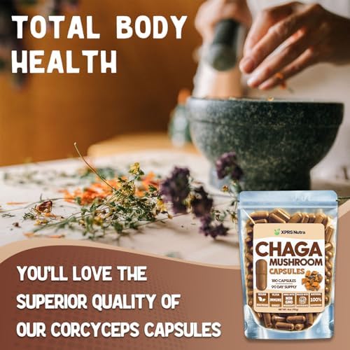 XPRS Nutra Chaga Mushroom Capsules - Premium Chaga Mushrooms Capsules- Encapsulated Chaga Mushroom Powder for an Immunity Boost - Vegan Friendly Superfood for Chaga Tea and Beverages - 180 Count