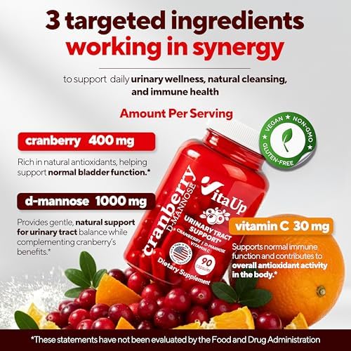 VitaUp D-Mannose Supplements for Women – USA Made D-Mannose with Cranberry & Vitamin C – Cranberry Pills for Women for Urinary Tract & Bladder, Immune Support – 90 Vegan Capsules