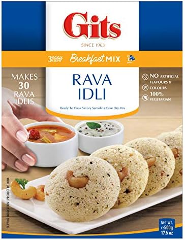 Gits Rava Idli Mix, 87.5 Oz (Pack of 5 X 17.5 Oz Each) Ready to Cook Indian Breakfast, Snack Meal | 100% Vegetarian, Easy Recipe, No Artificial Colors, Flavors, Preservatives. Vegan.