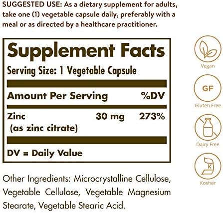 Solgar Zinc Citrate Vegetable Capsules, 100 Count, Non-GMO, Gluten Free, and Kosher, Supports Immune System Health, Healthy Skin and Eyes, Normal Taste and Vision