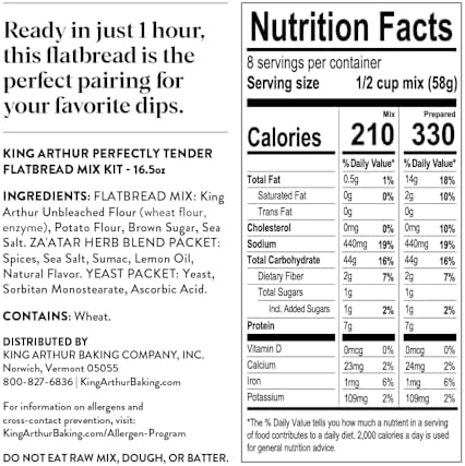 King Arthur Baking Company Perfectly Tender Flatbread Mix Kit 16.5 oz., Baking Mix - Ready in 1 hour (Pack of 2)