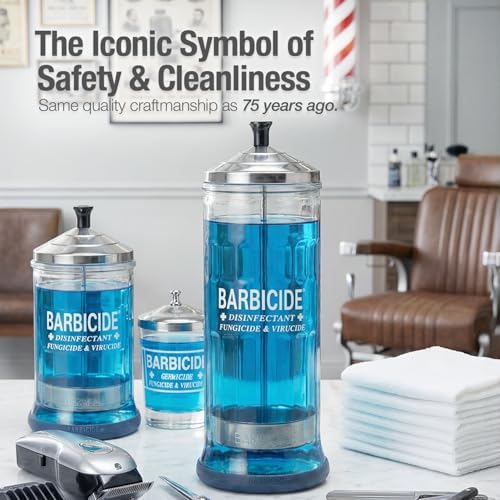 BARBICIDE Disinfecting Jar (Large - 37 Fl Oz) – Durable Glass Immersion Container with Stainless Steel Lid &Tray – Professional Tool Sanitizer for Combs, Brushes, Nail Tools & Implements