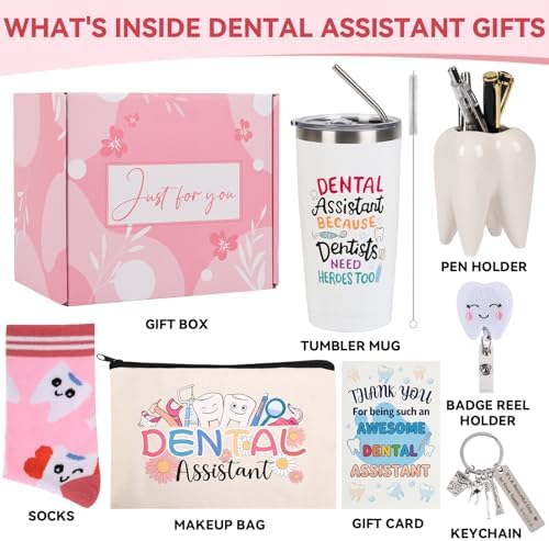 Dental Assistant Gifts for Women Unique Dental Gifts Funny Dentist Gift Including Tumbler Mug Socks Badge Reel Holder Makeup Bag Keychain for Birthday Christmas
