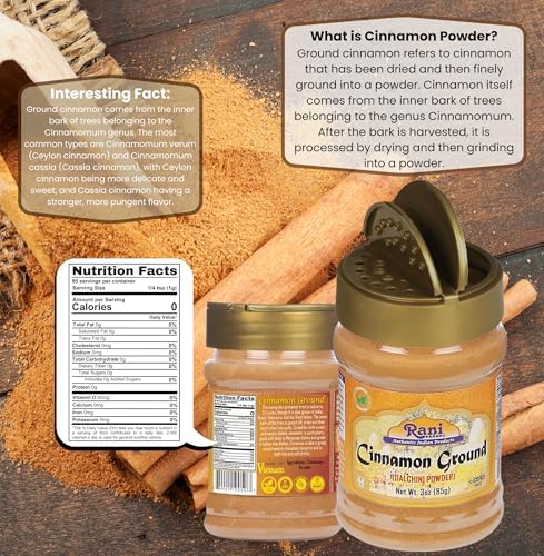 Rani Cinnamon Powder (Ground) Spice 3oz (85g) PET Jar ~ All Natural | Salt-Free | Vegan | No Colors | Gluten Friendly | NON-GMO | Kosher