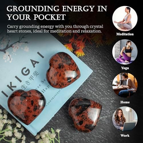 Crocon 50mm Mahogany obsidian Heart stone Big Heart Shape Puff Stones Set 450+ Carats Pocket Crystal Healing Tumble Collection Palm Worry Stone Good Luck Charm Meditation Gift Craft Home Decor
