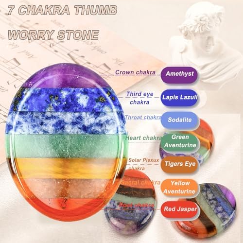 Erliway 1.77" Thumb Worry Stone for Anxiety, Natural 7 Chakra Crystals Worry Stone, Healing Crystals Oval Pocket Palm Stone for Stress Relief Meditation Therapy Geometry Home Decorations
