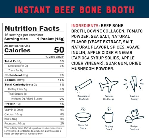 Bare Bones Beef Bone Broth Instant Powdered Mix Packets | 5g Collagen | 10g Protein | Keto & Paleo Friendly | No Artificial Flavors | Rich Savory on-the-go 16 Pack