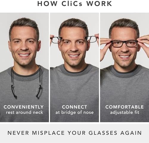 Clic Magnetic Reading Glasses - Adjustable Neck Hanging Readers - Secure Fit with Rigid Headband - Executive XL (XL-XXL, Black, 2.00)