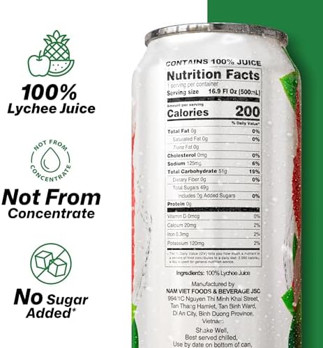 VINUT 100% Lychee Juice, No Added Sugar, Not From Concentrate, 16.9 fl oz (500 mL) Can, Pack of 12