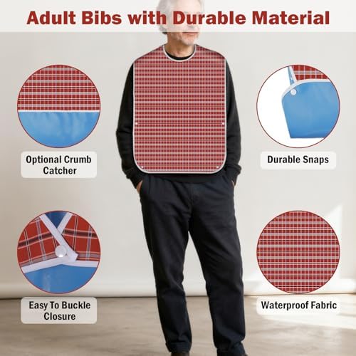 KENOBE 3-Pack Reusable Adult Bibs for Men, Women & Elderly - Waterproof Washable Dining Clothing Protector with Adjustable Neck & Crumb Catcher - Large Feeding Bibs for Seniors with Special Needs