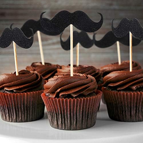 50 Pieces Mustache Cupcake Toppers Mustache Birthday Cake Topper Black Glitter Mustache Dessert Toppers for Baby Shower Kid's Birthday Party Decorations