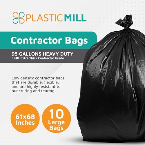 PlasticMill Contractor Bags Heavy Duty - Commercial, Industrial Garbage Bags - Black Construction Trash Bags - Outdoor, Garden Trash Bags, 95-Gallon, 3 Mil, 61"x68" (10-Count)