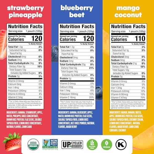 Noka Superfood Fruit Smoothie Pouches Variety Pack, Healthy Snacks with Flax Seed, Plant Protein and Prebiotic Fiber, Vegan and Gluten Free Snacks, Made in USA, Organic Squeeze Pouch, 4.22 oz, 12 Count