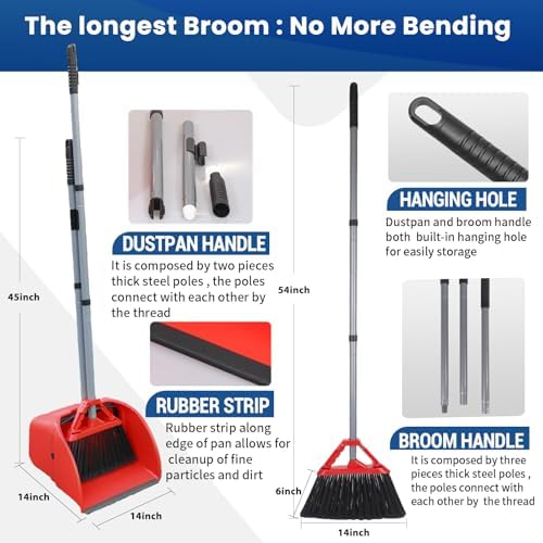 Commercial Broom and Dustpan Set, Jumbo Lobby Debris Dustpan (14inch*14inch), Heavy Duty Broom (14inch Width), 2 Sets, Red,for Indoor and Outdoor Cleaning,Red