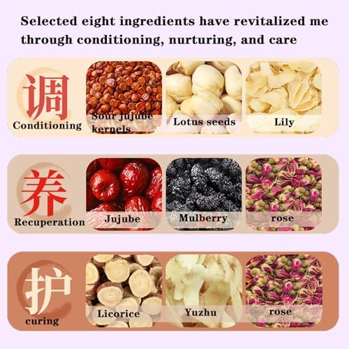 Sour Jujube Kernel Lily Poria Cocos Tea Bags Good Night Sleep Tea Combination of Lily, Rose, Mulberry, Licorice,Lotus seed, Polygonatum and Jujube Chinese Herbal Tea 酸枣仁 酸枣仁茶 酸枣仁茯苓百合茶 助眠安神 250g/8.82oz 32bags