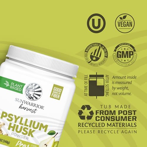 Sunwarrior Organic Psyllium Husk Powder – Plant-Based Fiber for Gut Health & Regularity, Supports Digestion & Satiety Certified Organic, Gluten-Free, Non-GMO, Keto-Friendly – 50 Servings Pear Flavored