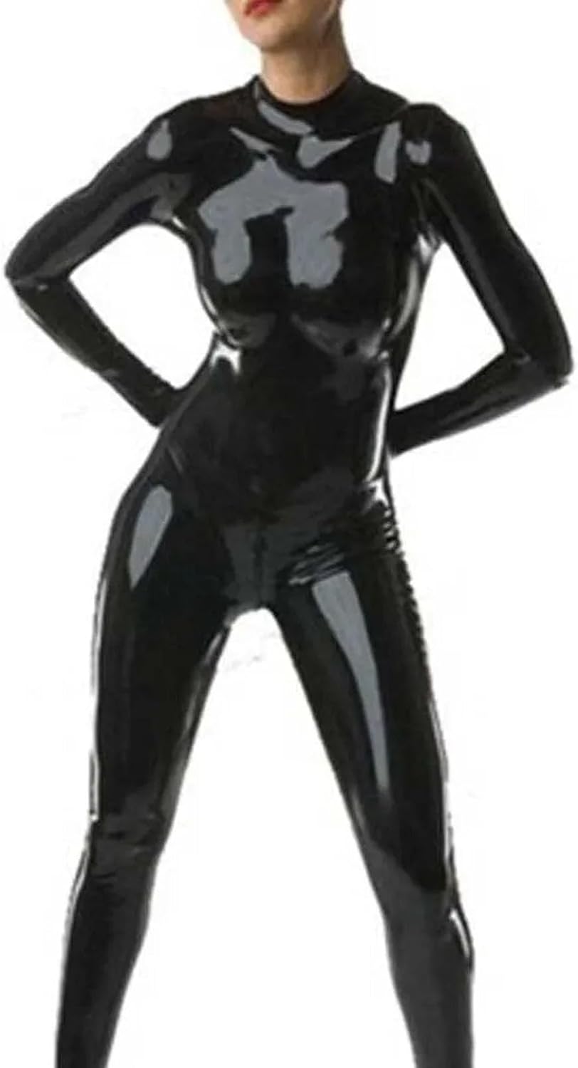 Women's Full Body Wetlook PVC Leather Back Zipper Crotch Bodysuit Handmade Catsuit Attached Gloves