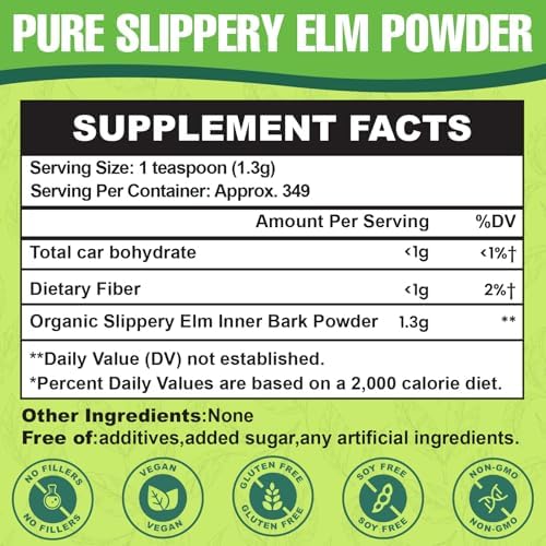 Slippery Elm, Slippery Elm Powder Organic, Elm Bark Made from Inner Bark - 1 Pound (349 Servings), Natural Herbs Helps Soothe The Throat and Coughing & Digestive, Diarrhea - 100% Pure & Vegan