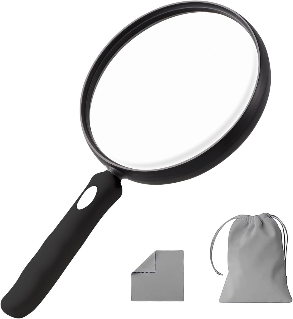 10X Large Magnifying Glass for Reading, Upgraded Handheld Magnifier with 5.12inch Anti-Glare Lens, Non-Slip Handle for Close Work, Seniors Reading, Kids Nature Exploration, Hobby Observation