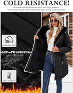 Women's Winter Fleece Warm Coat Windproof Slim Fit Long Down Jacket Hooded Thicken Outerwear with Pockets