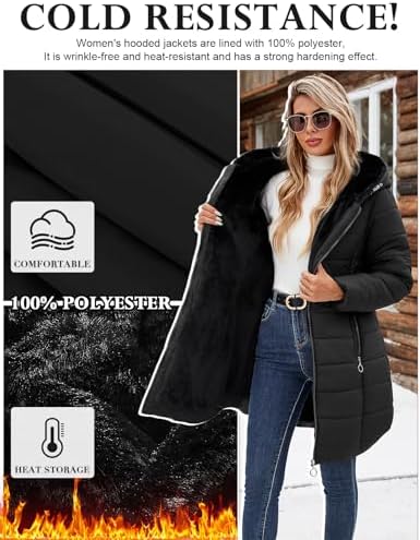 Women's Winter Fleece Warm Coat Windproof Slim Fit Long Down Jacket Hooded Thicken Outerwear with Pockets