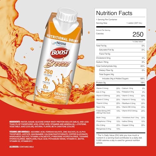 BOOST Breeze Clear Nutritional Drink - 250 Calories - 19 Vitamins & Minerals - 9 g Protein – Fortified Clear with Vitamin A & Zinc - Orange Flavor - 8 fl oz (Pack of 24)