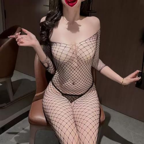 Women's Sexy Mesh One-piece Stockings, fishnet bodysuit for women, Fishnet Long Sleeve Onesie Onesie, Romantic Dating Lingerie Pajamas (Black)