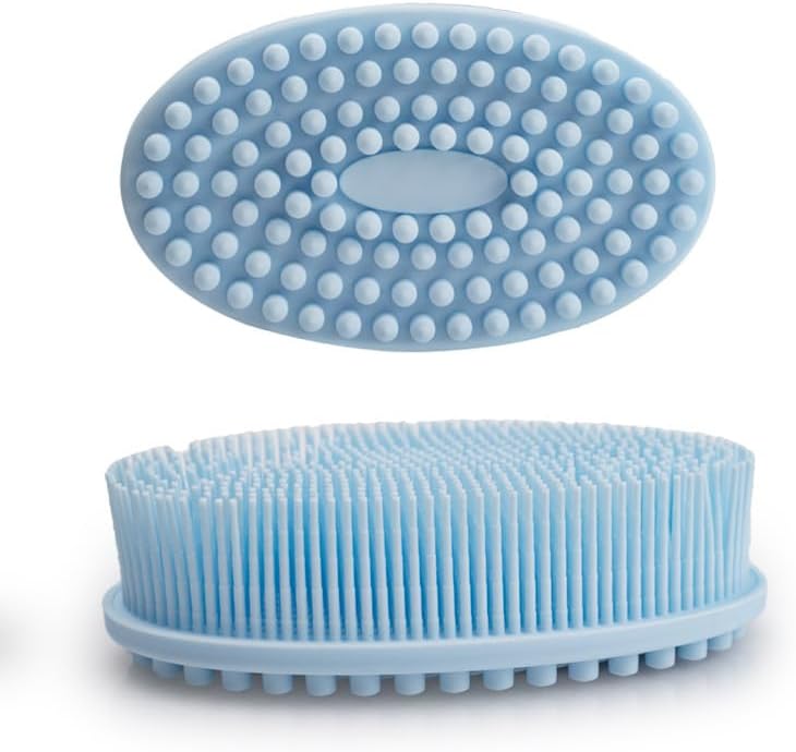 Silicone Body Scrubber,Exfoliating Shower Skin Head Washing Brush, Soft Silicone Dual Sided Comb Bristle Bath Brush Massage (Blue)