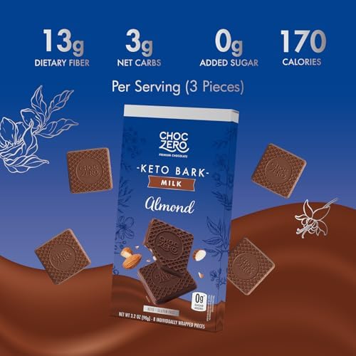 ChocZero Milk Chocolate Almond Bark, No Added Sugar, Low Carb, High Fiber, Keto Friendly, No Sugar Alcohols (4 Count, 3.2oz Boxes)