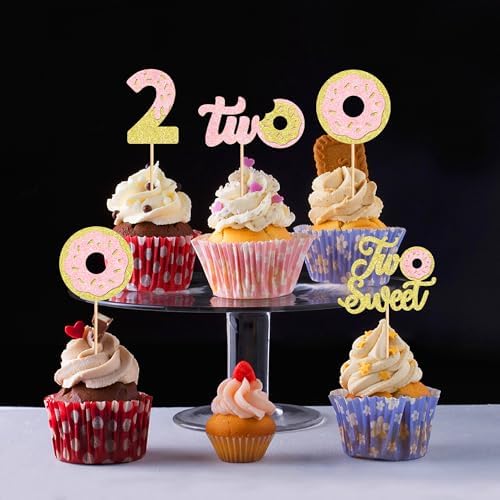 Ercadio 24 Pcs Two Donut Cupcake Toppers Donut Party Decorations Picks Pink Sweet Theme Cake Decoration for 2st Kids Birthday Party Supplies Celebrating Party Baby Shower Supplies