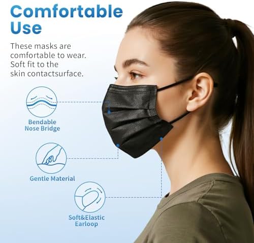Borje Disposable Face Mask, 100 PCS Black Masks, 3 Ply Protection Face Masks