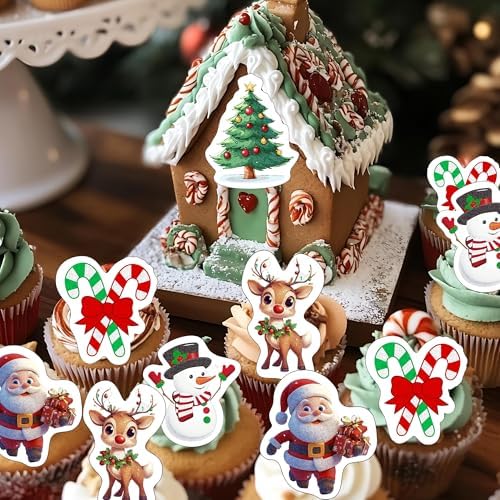 50 PCS Edible Christmas Cupcake Toppers Santa Claus Candy Cane Xmas Tree Snowman Deer Cupcake Picks Edible Merry Christmas Cake Decorations for Xmas Theme New Year Holiday Birthday Party Supplies