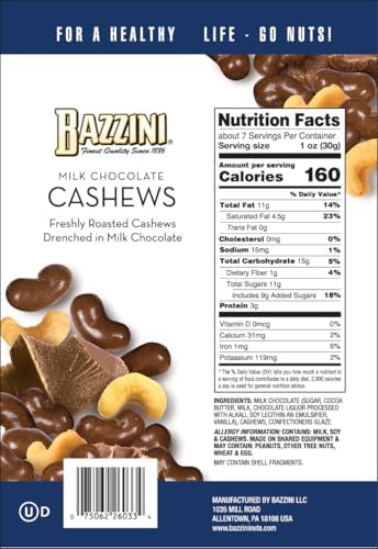 Bazzini Milk Chocolate Cashews, Gourmet Cashews Coated in Rich Milk Chocolate, Kosher, Since 1886 Gourmet Nut Snack, Made in USA (7oz Pouch)