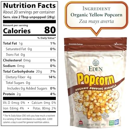 Eden Organic Yellow Popcorn Kernels, Non GMO, Superior Popping Variety, 100% Whole Grain, 20 oz (2-Pack)
