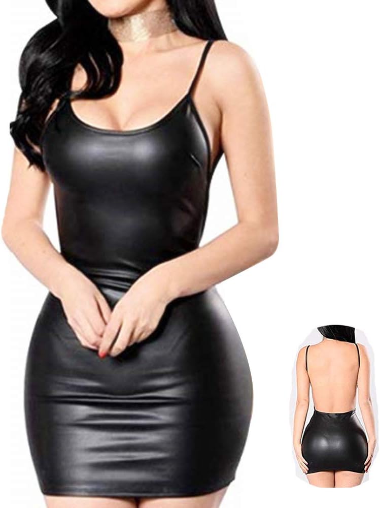 Women Latex Dress Sleeveless V-Neck Clubwear Party Backless Leather Lingerie