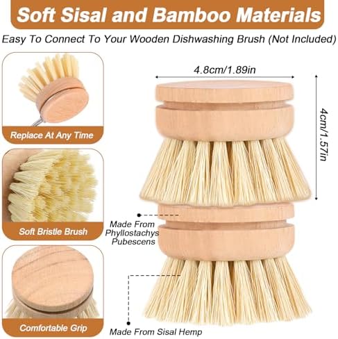 12 Pcs Bamboo Dish Brush Replacement Heads, Natural Sisal Bristle Refills, Eco Friendly Compostable Scrubber Heads for Cleaning Kitchen Utensils