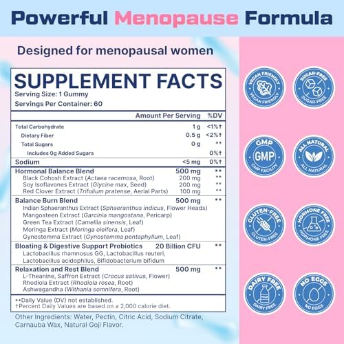Menopause Supplements for Women Gummies, 16-in-1 Probiotic, Black Cohosh & Ashwagandha for Menopause Relief, Hot Flashes, Hormone Harmony, Mood Swings, Belly Burner* & Gut, Sugar-Free - 60 Gummies