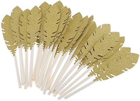 30pcs Feather Cake Toppers Cupcake Food Picks for Wedding Birthday Party Decoration - Golden