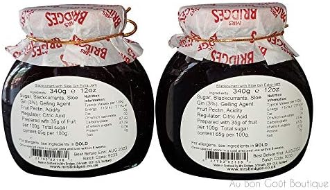 Mrs. Bridges of Scotland, Set of 2 Jars, Blackcurrant Preserves with Sloe Gin, Imported from Scotland, 12 Oz Each