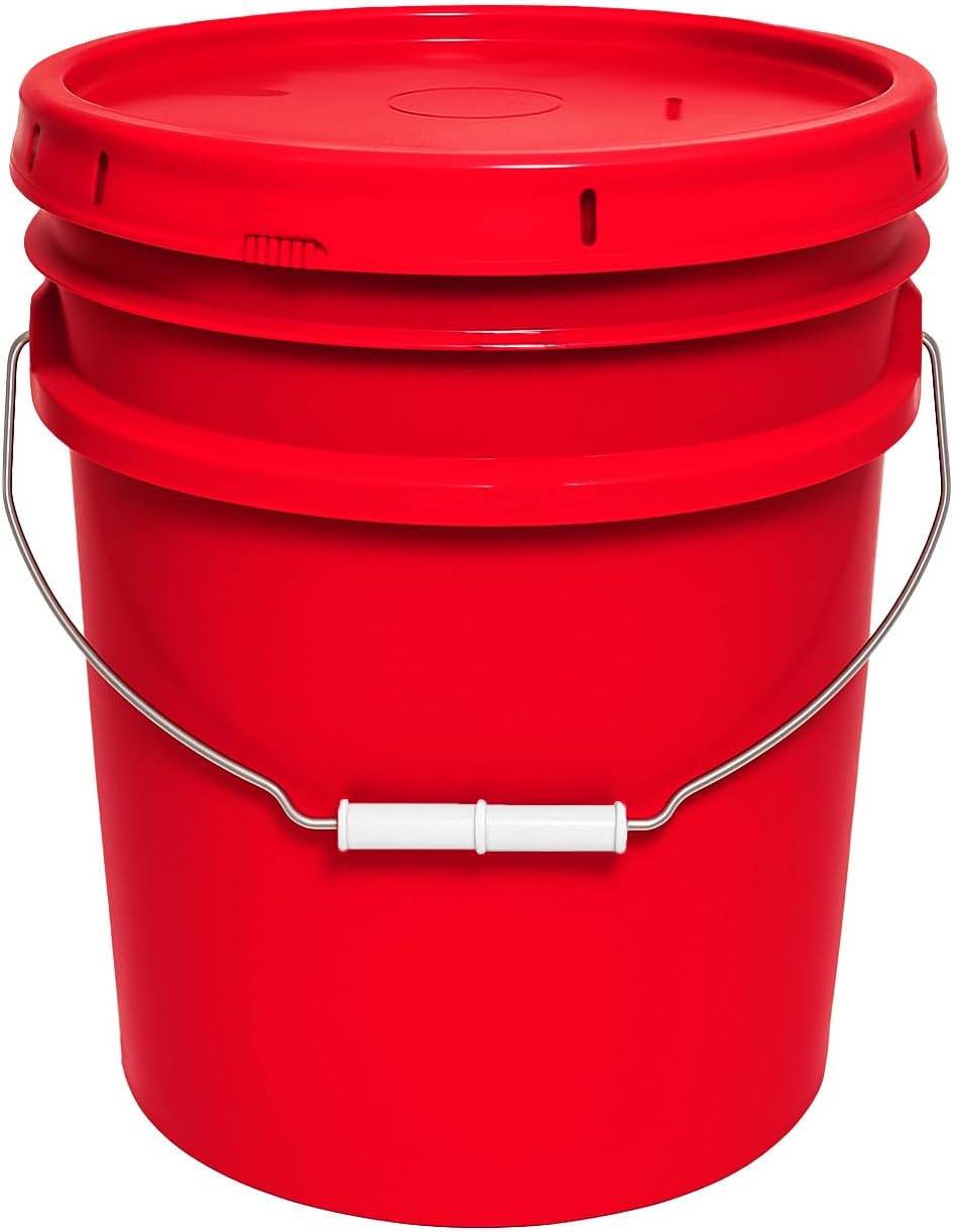 MKS Plastics 5-Gallon Bucket with Airtight Lid – Made in USA, Food Grade BPA Free Plastic, Heavy Duty Multi-Use, Metal Handle with Grip, Stackable Storage – Red, 1 Pack